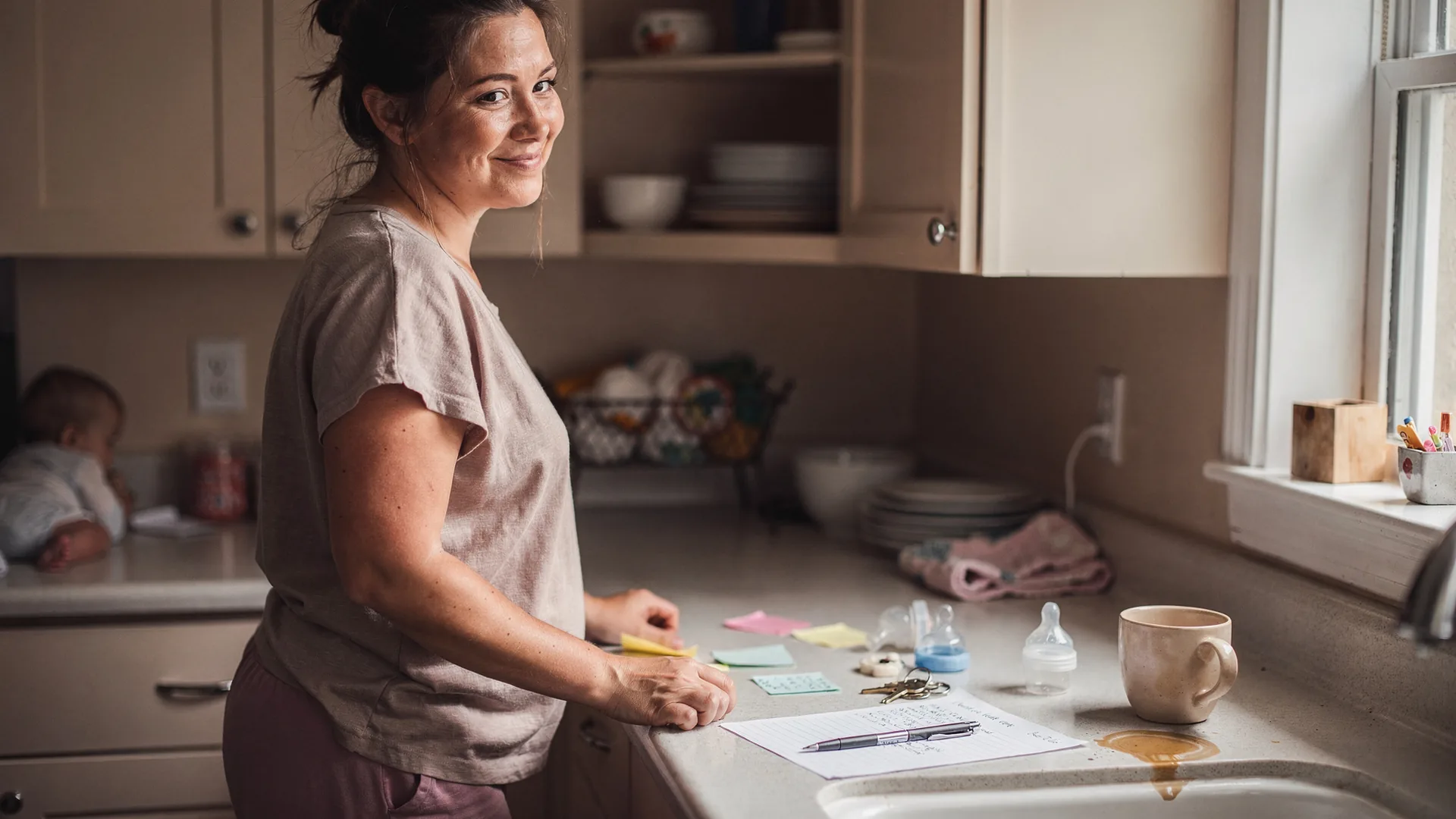 A tired woman stands at a kitchen counter covered with notes, keys, and bottle parts.