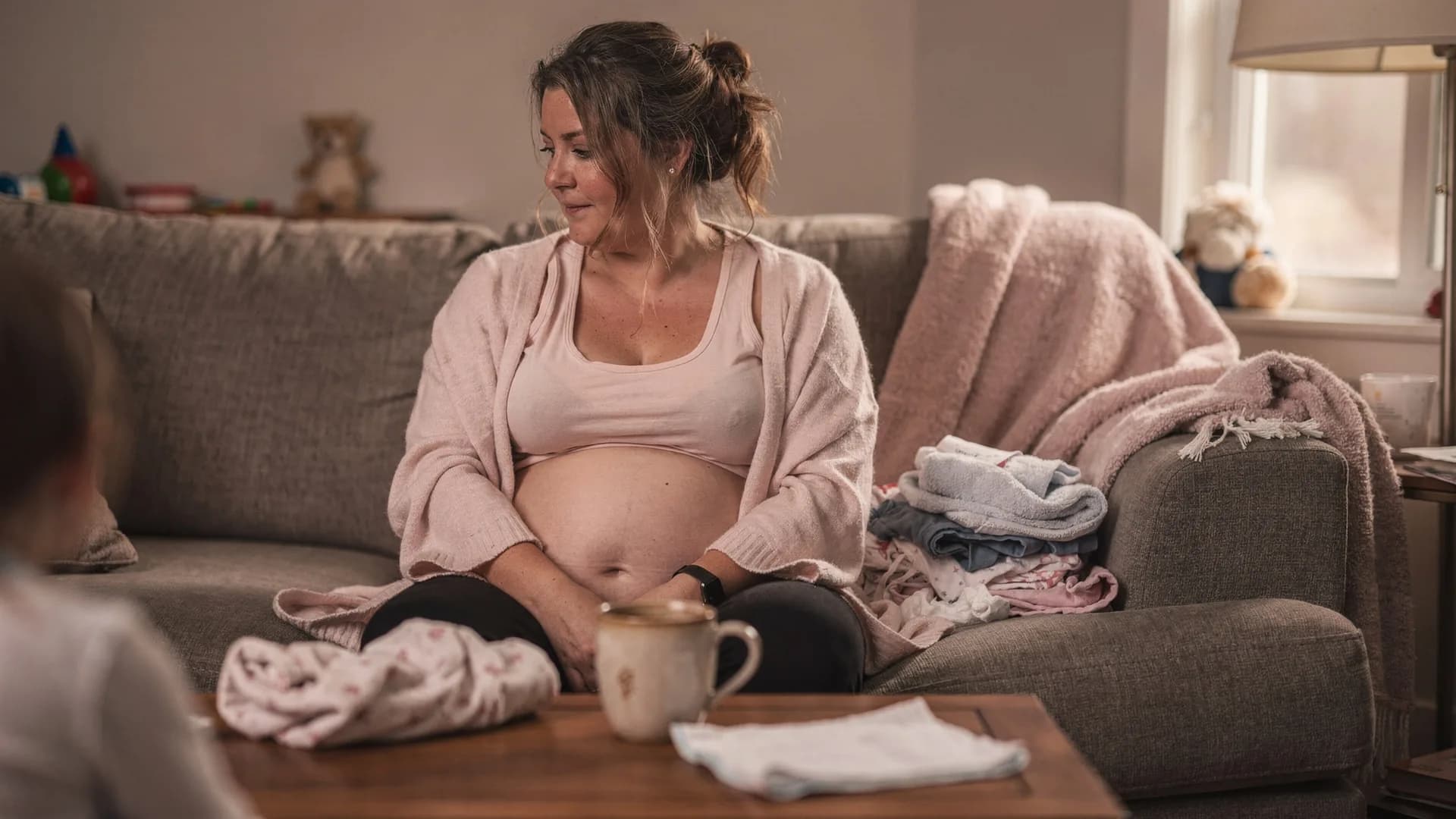 A woman rests on a couch in a soft cardigan with laundry and a coffee mug nearby.