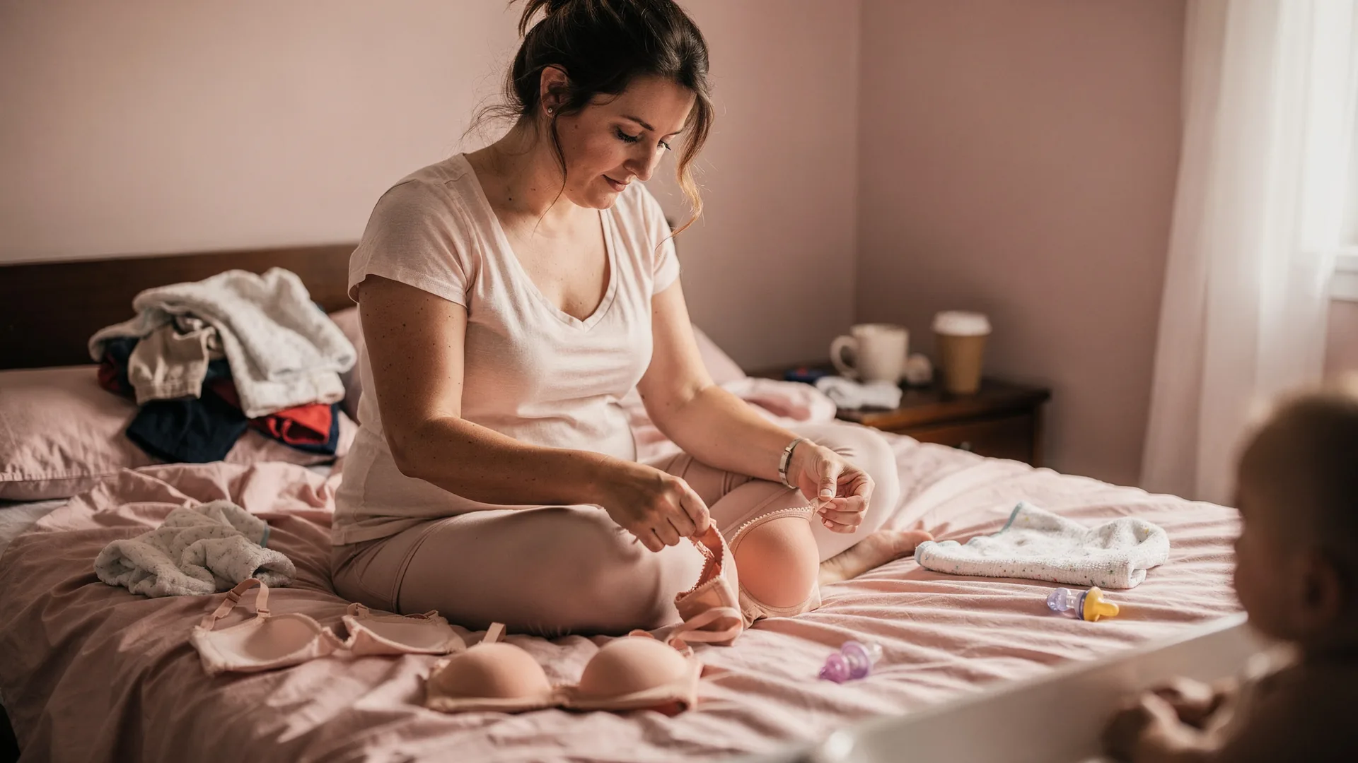 A woman sorts soft bras on an unmade bed in warm window light.