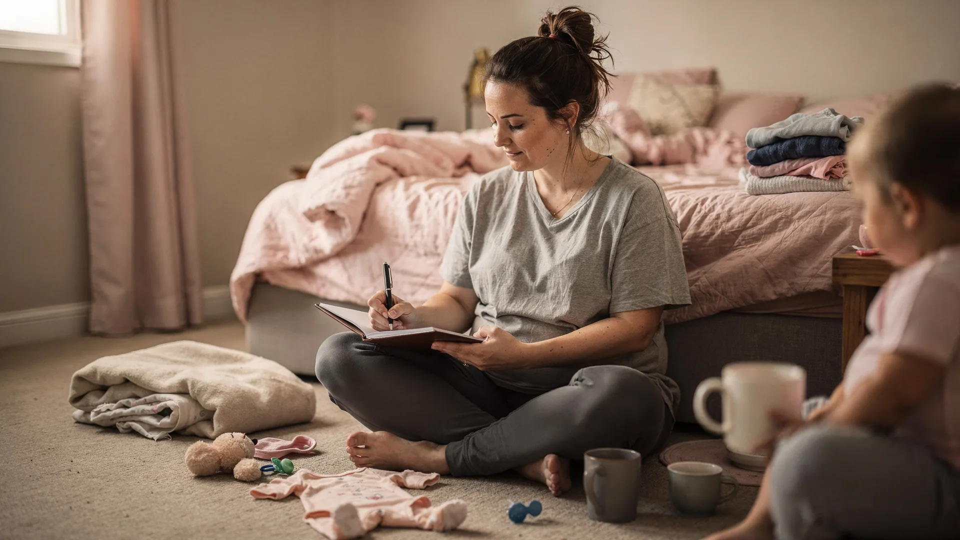 A woman pauses with a pen over an open journal while sitting on a bedroom floor.