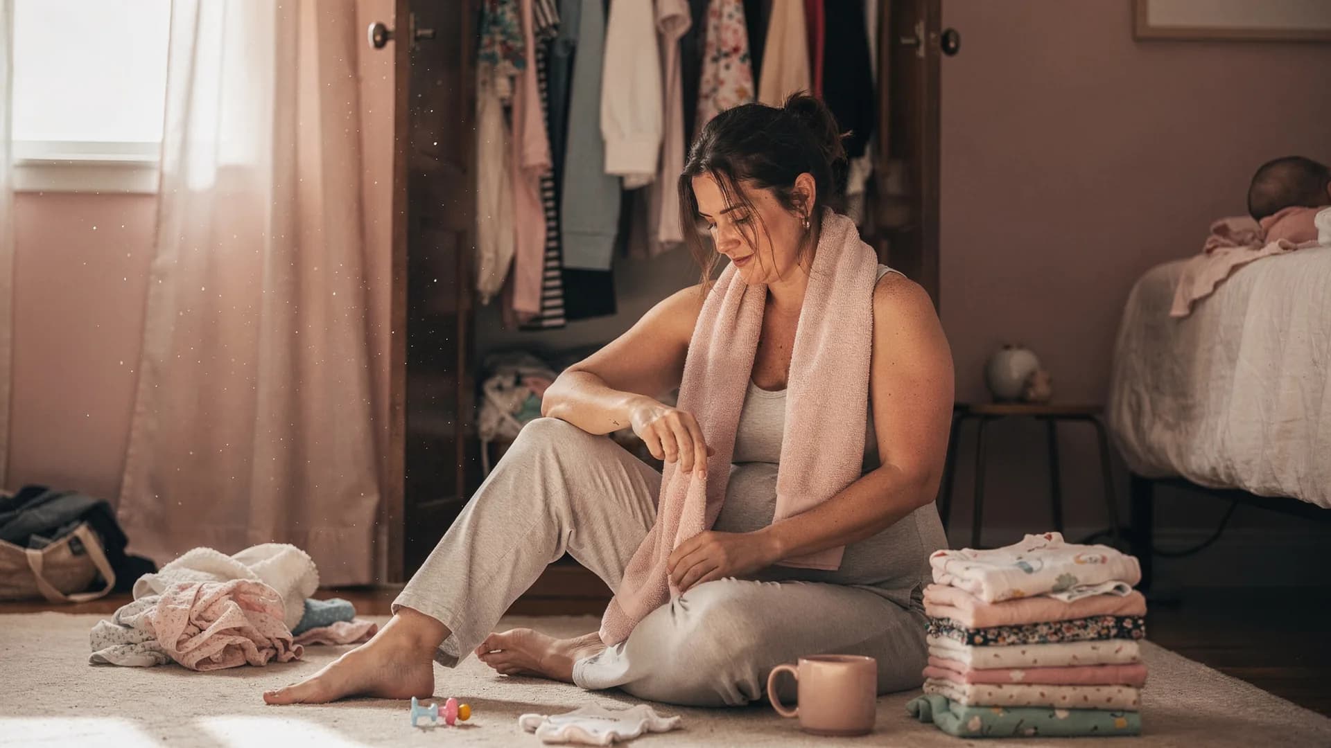 A postpartum woman sits on the bedroom floor beside an open closet and piles of clothes.